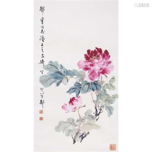 A Chinese Flowers Painting Scroll, Wang Xuetao Mark