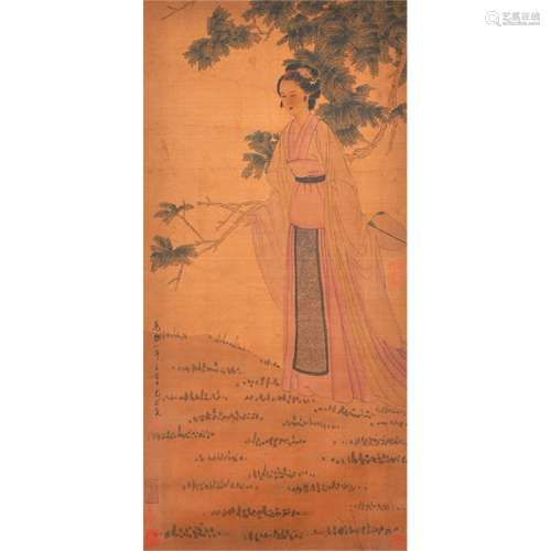 A Chinese Figure Painting Silk Scroll, You Qiu Mark