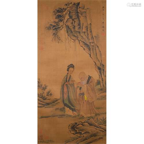 A Chinese Painting Silk Scroll, Li Gonglin Mark