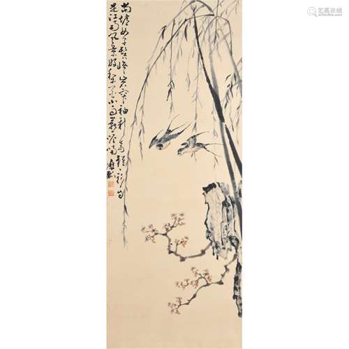 A Chinese Double swallow  Painting, Huang Shen Mark
