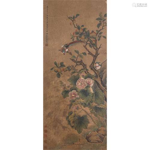 A Chinese Flower&Bird Painting Silk Scroll, Shen Quan Mark
