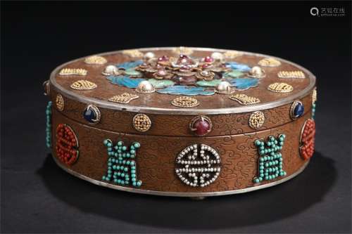 A Chinese Jewels Inlaid Copper With Kingfisher craft Box