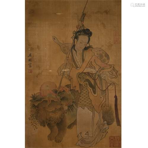 A Chinese Painting Silk Scroll, Wu Bin Mark