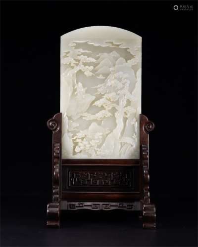 A Chinese Relief Hetian Jade Inscribed
table screen