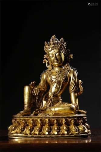 A Chinese Gilded Bronze Guanyin Statue Ornament