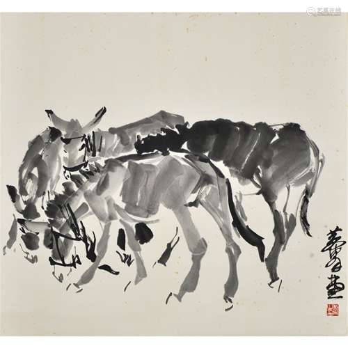 A Chinese 4 Donkey Ink Painting, Huang Zhou Mark