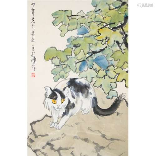 A Chinese Cat Painting Scroll, Xu Beihong Mark