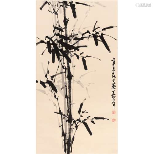 A Chinese Bamboo Ink Painting Scroll, Dong Shouping Mark