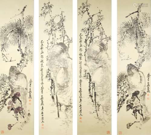 4 Chinese Flower&Bird Painting Screens
