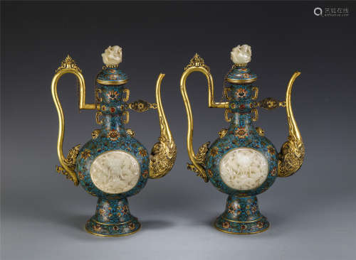 A PAIR OF CHINESE CLOISONNE INLAID JADE CARVED LIBATION KETTLE