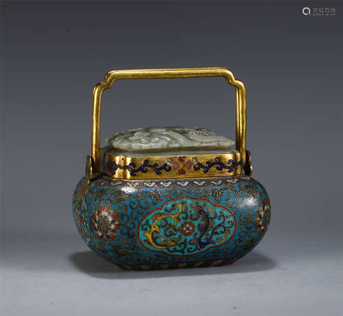 A CHINESE CLOISONNE INLAID JADE CARVED LONG HANDLE CENSER