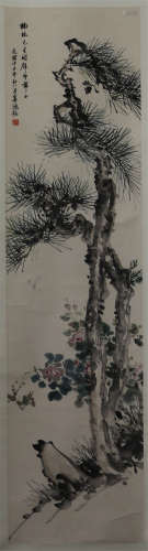 A CHINESE SCROLL PAINTING OF PINE ON ROCK BY GU HONGMING
