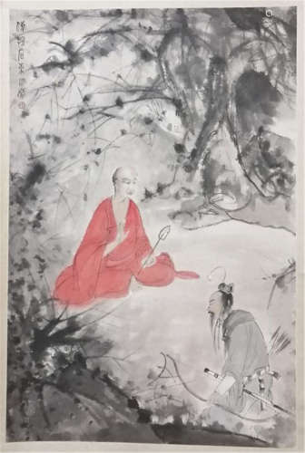 A CHINESE SCROLL PAINTING OF FIGURES BY FU BAOSHI