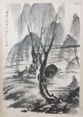 A CHINESE SCROLL PAINTING OF MAN AND OX UNDER  THE WILLOWS BY FU BAOSHI