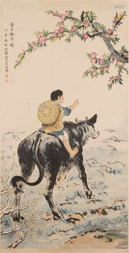 A CHINESE SCROLL PAINTING OF BOY AND OX UNDER  THE TREE BY XU BEIHONG