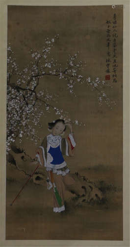 A CHINESE SCROLL PAINTING OF BEAUTIE UNDER PLUM FLOWER BY LIN XUEYAN