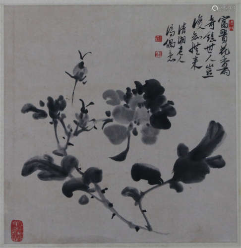 A CHINESE CALLIGRAPHIC PAINTING SCROLL OF FLOWER INK ON PAPER BY SHI TAO