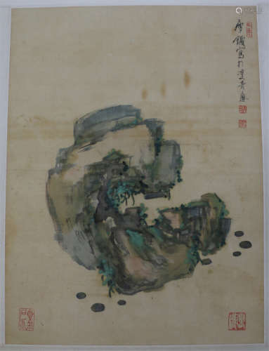 A CHINESE SCROLL PAINTING OF ROCK   BY QIAN SHOUTIE