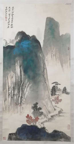 A CHINESE SCROLL PAINTING OF  MOUNTAIN VIEWS WITH CALLIGRAPHY  BY ZHANG YUAN