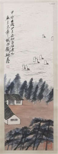 A CHINESE SCROLL PAINTING OF BOATING IN RIVER  QI BAISHI