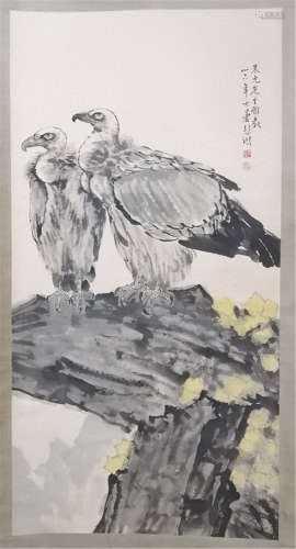 A CHINESE SCROLL PAINTING OF DOUBLE EAGLES ON ROCK BY XU BEIHONG