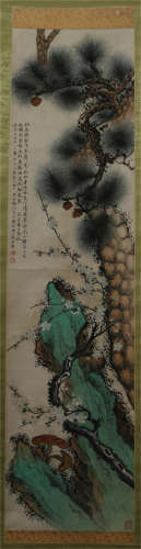 A CHINESE SCROLL PAINTING OF PLUM BLOSSOMS‎ AND PINE BY TAO LINGYUE