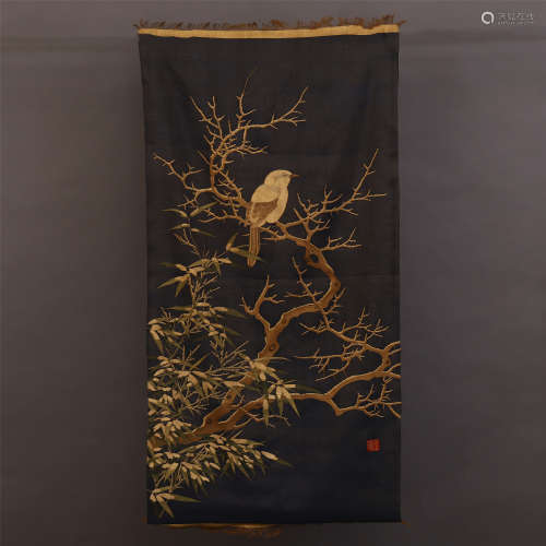 A CHINESE SILK WHIT EMBROIDERY OF FLOWER AND BIRD