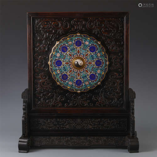 A CHINESE ROSEWOOD CARVED FLOWER CLOISONNE TABLE SCREEN