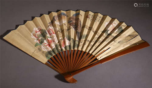 A CHINESE PAINTING FAN OF FLOWER AND BIRD WITH CALLIGRAPHY