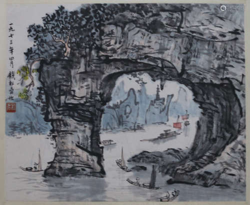 A CHINESE SCROLL PAINTING OF MANS ON BOATING BY QIAN YANSONG