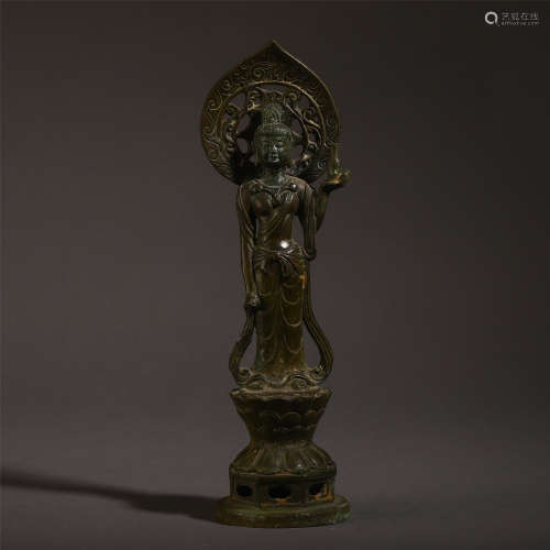 CHINESE ANCIENT BRONZE CARVED STANDING GUANYIN IN NICHE