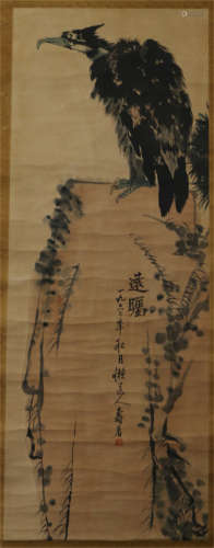 A CHINESE SCROLL PAINTING OF  EAGLE ON ROCK BY PAN TIANSHOU