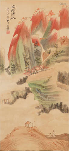 A CHINESE SCROLL PAINTING OF SCHOLARS IN MOUNTAINS BY ZHANG DAQIAN