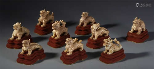 NINE OF CHINESE SOAP STOUE CARVED DRAGON TABLE ITEM
