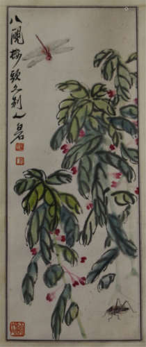 A CHINESE SCROLL PAINTING OF FLOWER AND INSECT BY QI BAISHI