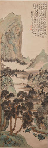 A CHINESE SCROLL PAINTING OF MOUNTAIN VIEWS  WITH CALLIGRAPHIC BY HUA YAN
