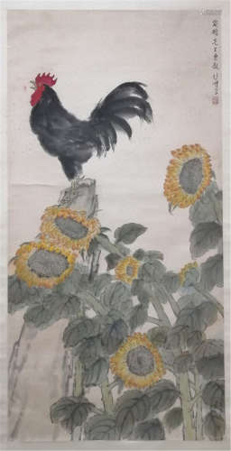 A CHINESE SCROLL PAINTING OF ROOSTER ON FLOWER BY XU BEIHONG