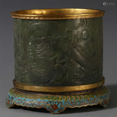 CHINESE JADE CARVED DRAGON ON CLOISONNE  STAND