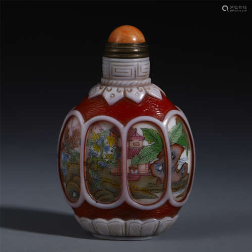 CHINESE PEKING GLASS CARVED MOUNTAIN SNUFF BOTTLE