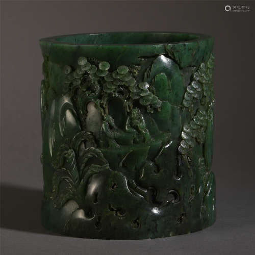 CHINESE SPINACH JADE CARVED FIGURE AND STORY BRUSH POT
