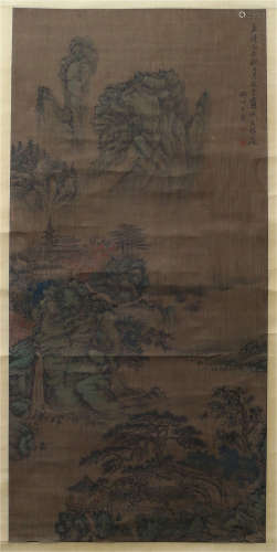 A CHINESE SCROLL PAINTING OF MOUNTAIN VIEWS   BY XI SHICHEN