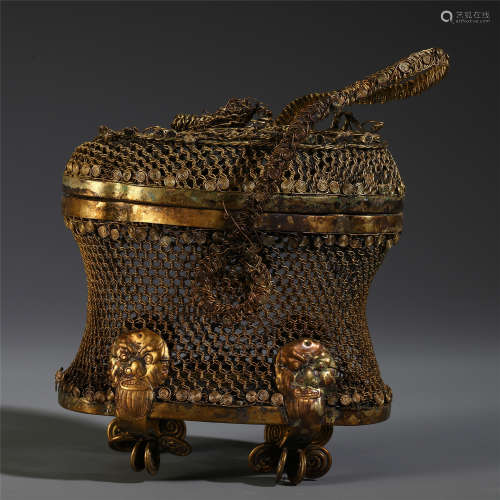 A CHINESE GILT CARVED SILVER OPENWORK TABLE ITEM