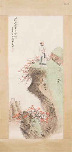 A CHINESE SCROLL PAINTING OF SCHOLARS ON ROCK BY ZHANG DAQIAN