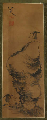 A CHINESE SCROLL PAINTING OF DOUBLE  CHICK ON ROCK BY BADA SHANREN
