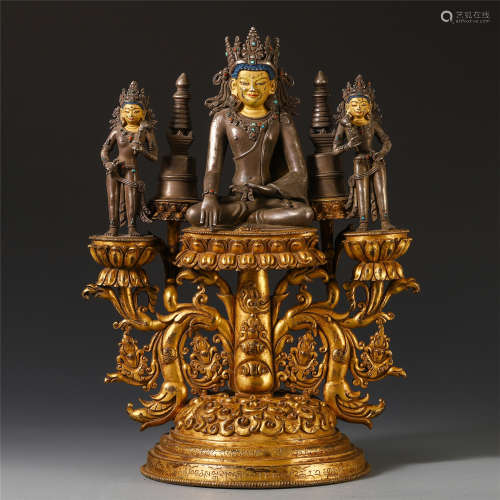 THREE CHINESE GILT SILVER SEATED BUDDHA GUANYIN ON LOTUS