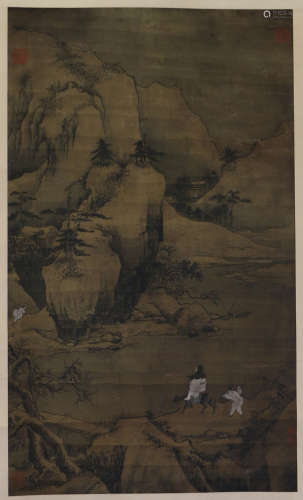A CHINESE SCROLL PAINTING OF FIGURE ON HORSE IN MOUNTAINS BY MA YUAN