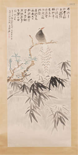 A CHINESE CALLIGRAPHIC PAINTING SCROLL OF BIRD ON FLOWER BY ZHANG DAQIAN