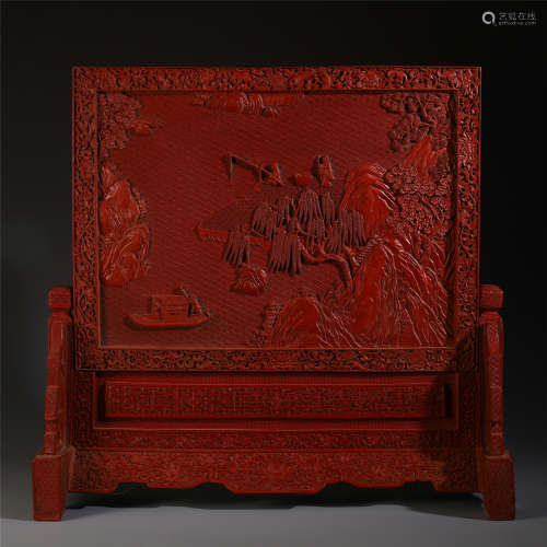 A CHINESE CINNABAR CARVED FIGURES AND STORY TABLE SCREEN