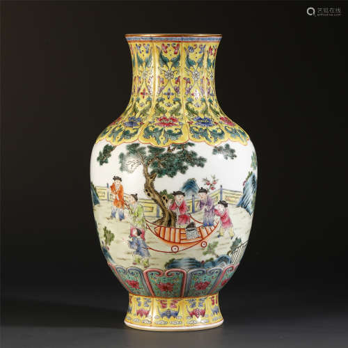 A CHINESE ENAMEL FLOWER FIGURES AND STORY VASE