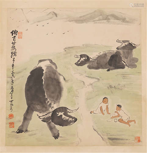 A CHINESE SCROLL PAINTING OF  OX AND BOYS  BY  LI KERAN